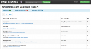 Screenshot of my backlinks with the ranksignals SEO tool