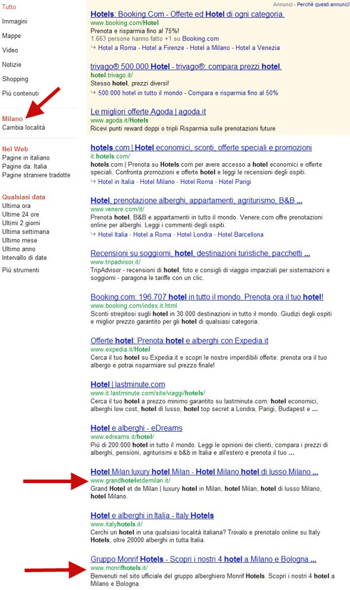 Customized serps results for the word hotel ip address Milano